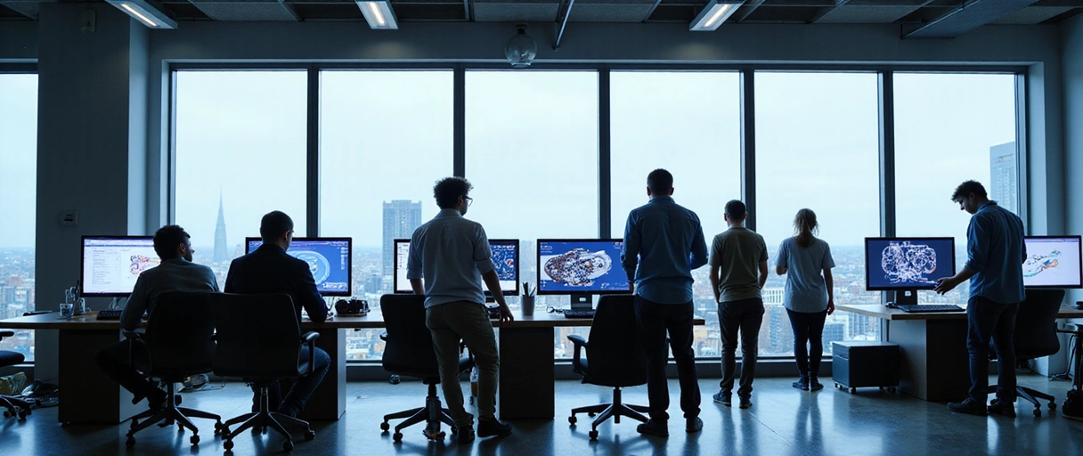 A modern, sleek office space with team members collaborating on gaming equipment designs.