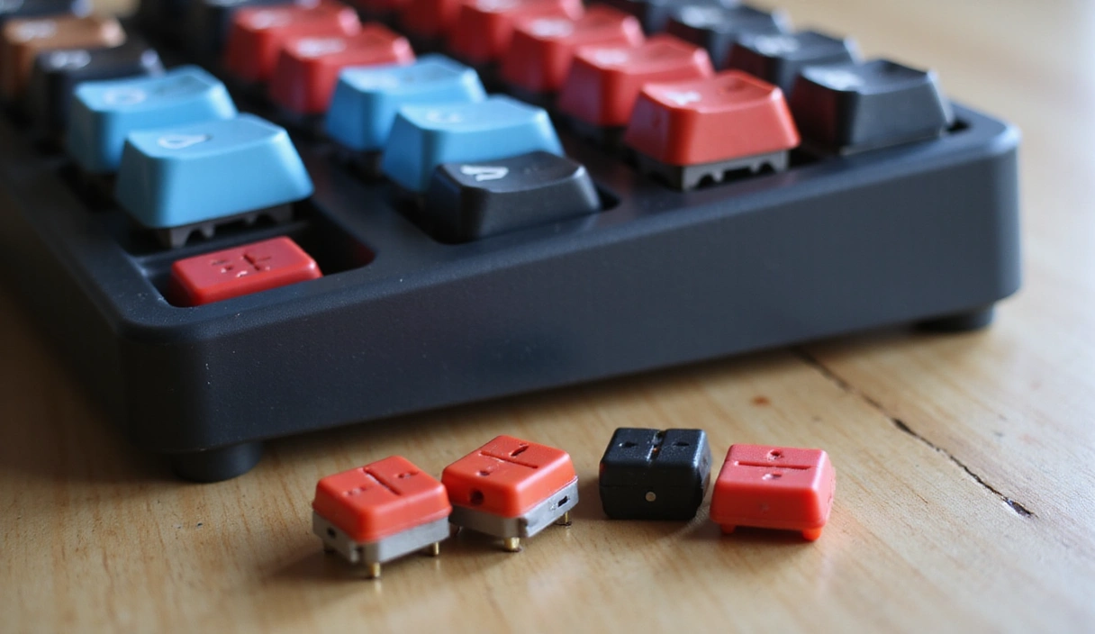 A close-up shot of various mechanical keyboard switches in different colors (red, blue, brown, black) laid out on a clean, minimalist desk. The switches are illuminated by soft, diffused light, highlighting their intricate details. Focus on the textures and small springs. High-resolution, studio quality.