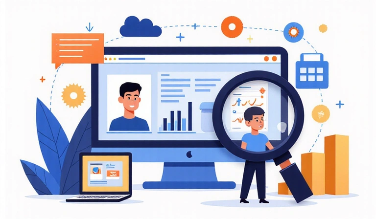 Abstract representation of data analysis and customer insights, with charts, graphs, and a magnifying glass over user profiles.