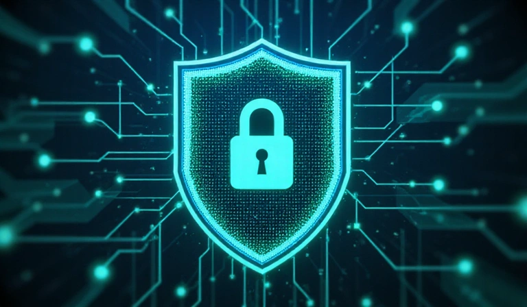 Digital security shield with multiple layers of protection, representing robust data security measures.