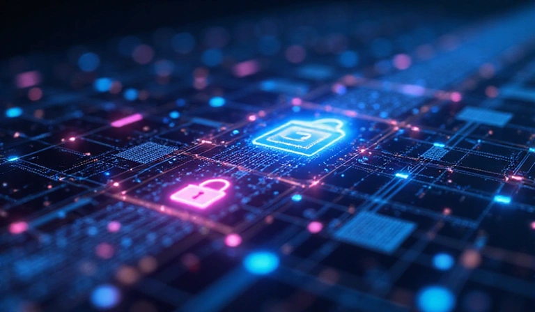 Secure data transmission showing encrypted digital information flowing between devices.